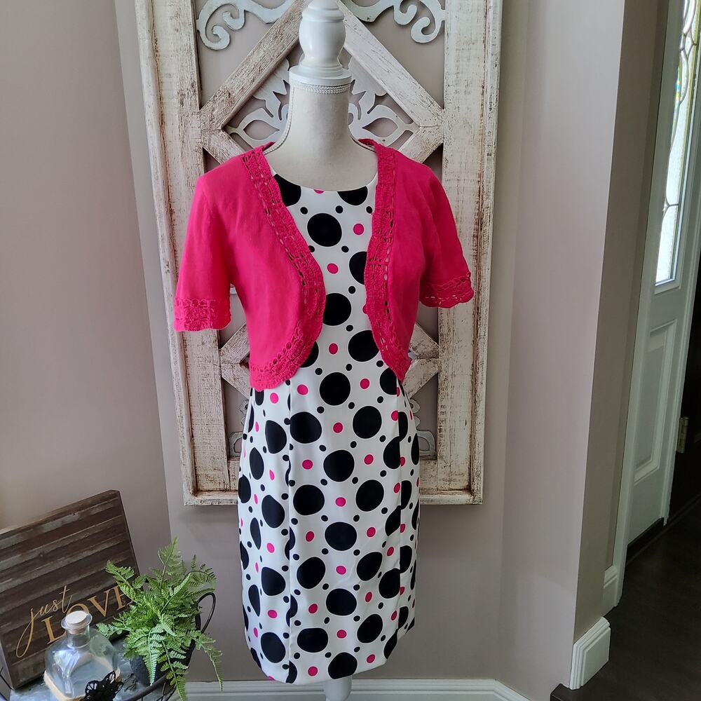 AGB Women's Sleeveless Sheath Dress with Crochet Lace Crop Cardigan Pink & Black